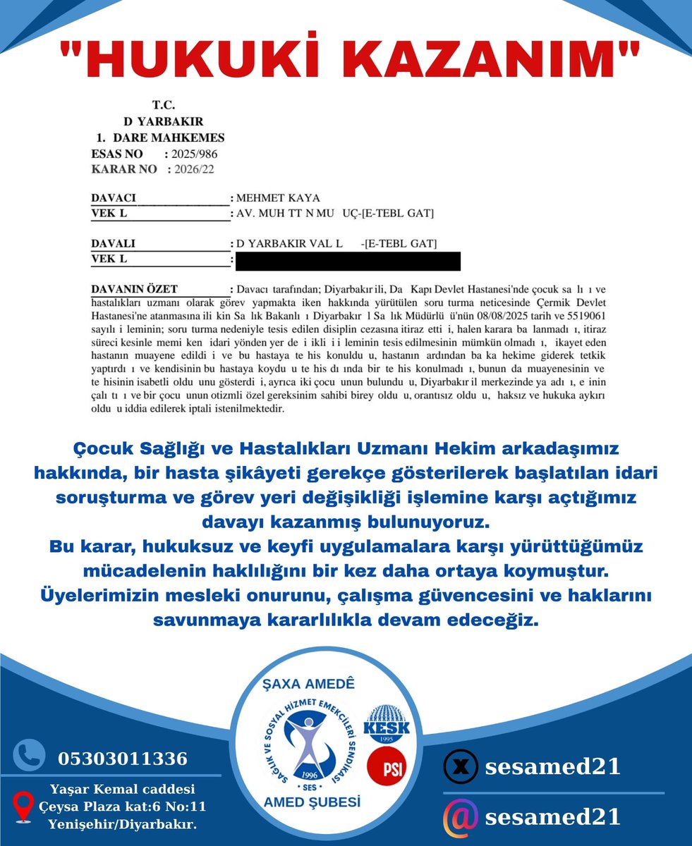 sesamed21's tweet photo. Çocuk sağlığı ve hastalıkları uzmanı hekim arkadaşımız hakkında bir hasta şikâyeti gerekçe gösterilerek başlatılan idari soruşturma ve görev yeri değişikliği işlemine karşı açtığımız davayı kazanmış bulunuyoruz.
Bu karar, hukuksuz ve keyfi uygulamalara karşı yürüttüğümüz mücadelenin haklılığını bir kez daha ortaya koymuştur. Üyelerimizin mesleki onurunu, güvencesini ve çalışma hakkını savunmaya kararlılıkla devam edeceğiz.
@MugucMuhittin