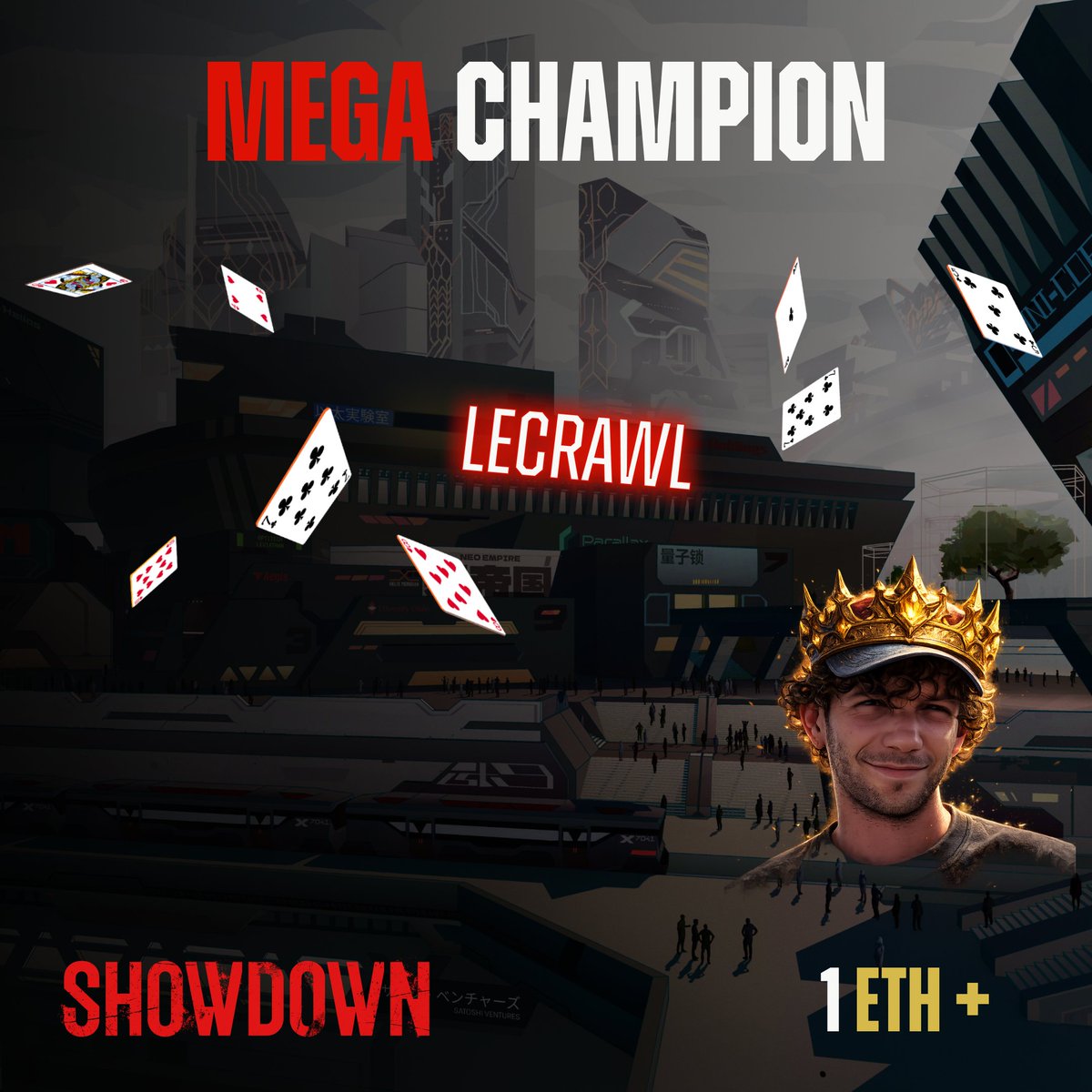 Showdown_TCG's tweet photo. Congrats champion Lecrawl!

1 ETH, plus a bunch of NFTs and other prizes from our partners is yours.

Thank you all for an amazing tournament full of twists and turns.

Shoutout to our partners 👇