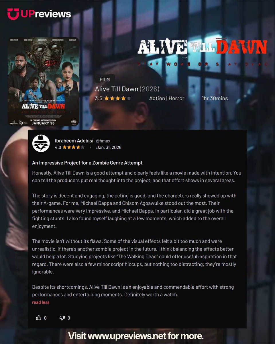upreviews_'s tweet photo. 🎬 First review of Alive Till Dawn is in!

See what viewers are saying &amp; check the Viewers’ Guide for intensity, scares, and content insights.

Make smarter movie choices with https://t.co/Z17kETbWCG

#AliveTillDawn #MovieReviews #UPreviews #ViewersGuide #SmartMovieChoices https://t.co/UWeFcHd4Vz