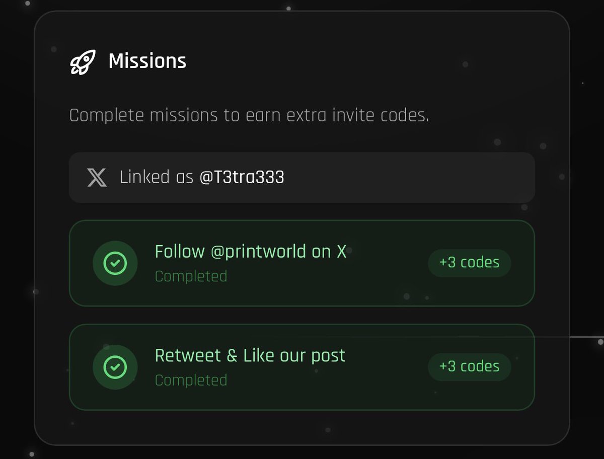 missions will be live soon

now you can earn extra ref codes and grow your referral army, by simply

- following <a href="/binderprotocol/">binder</a>
- following <a href="/printworld/">print.world</a>
- liking &amp; retweeting new posts