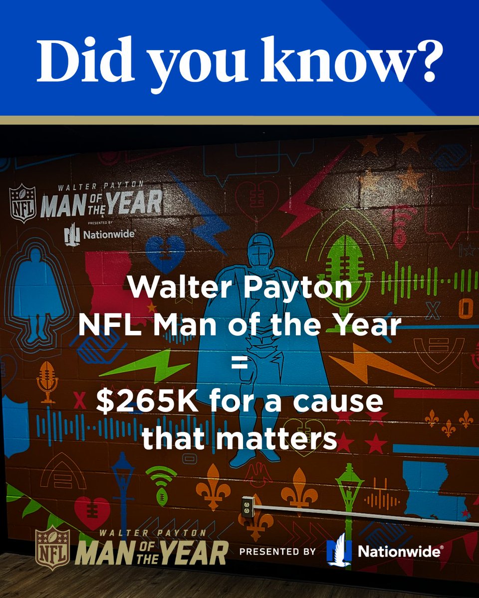 Nationwide's tweet photo. The winner of the Walter Payton @NFL Man of the Year award receives up to a $265,000 donation to the charity of his choice. And all 32 club winners receive up to a $55,000 donation to their charity of choice. https://t.co/JVUnUAAUko