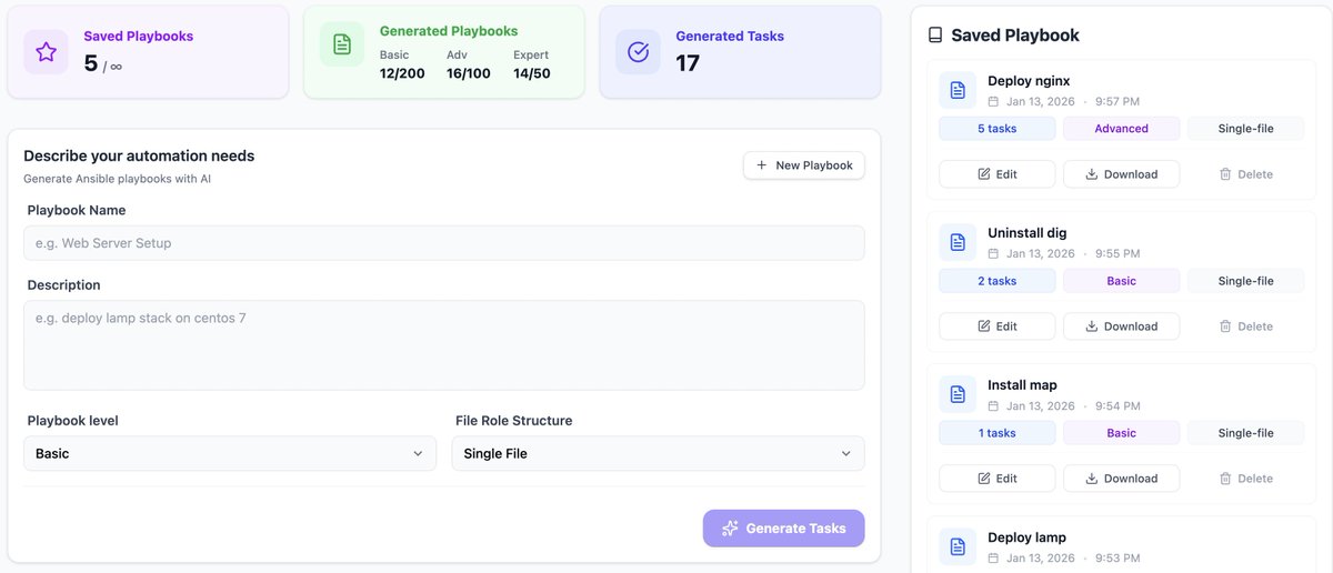 free7assan's tweet photo. Writing Ansible by hand? Not anymore. My app helps you draft, edit, and save playbooks fast—great for beginners and pros. Start free, upgrade anytime (Beta Test). https://t.co/ONAT2sZtEb. #DevOps #Automation #Ansible #Admin #linux #adminlinux https://t.co/ujqk40WqWj