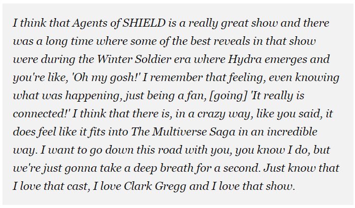 LMc2607's tweet image. I'll take any crumbs we can get too!

I believe that @bradwinderbaum starts to connect the last Disney+ shows with Marvel TV ABC and Hulu. 

He felt the pressure and demands from fans regarding the coherence of the Marvel television universe.

#KeepMarvelTVCanon 
#AgentsofSHIELD