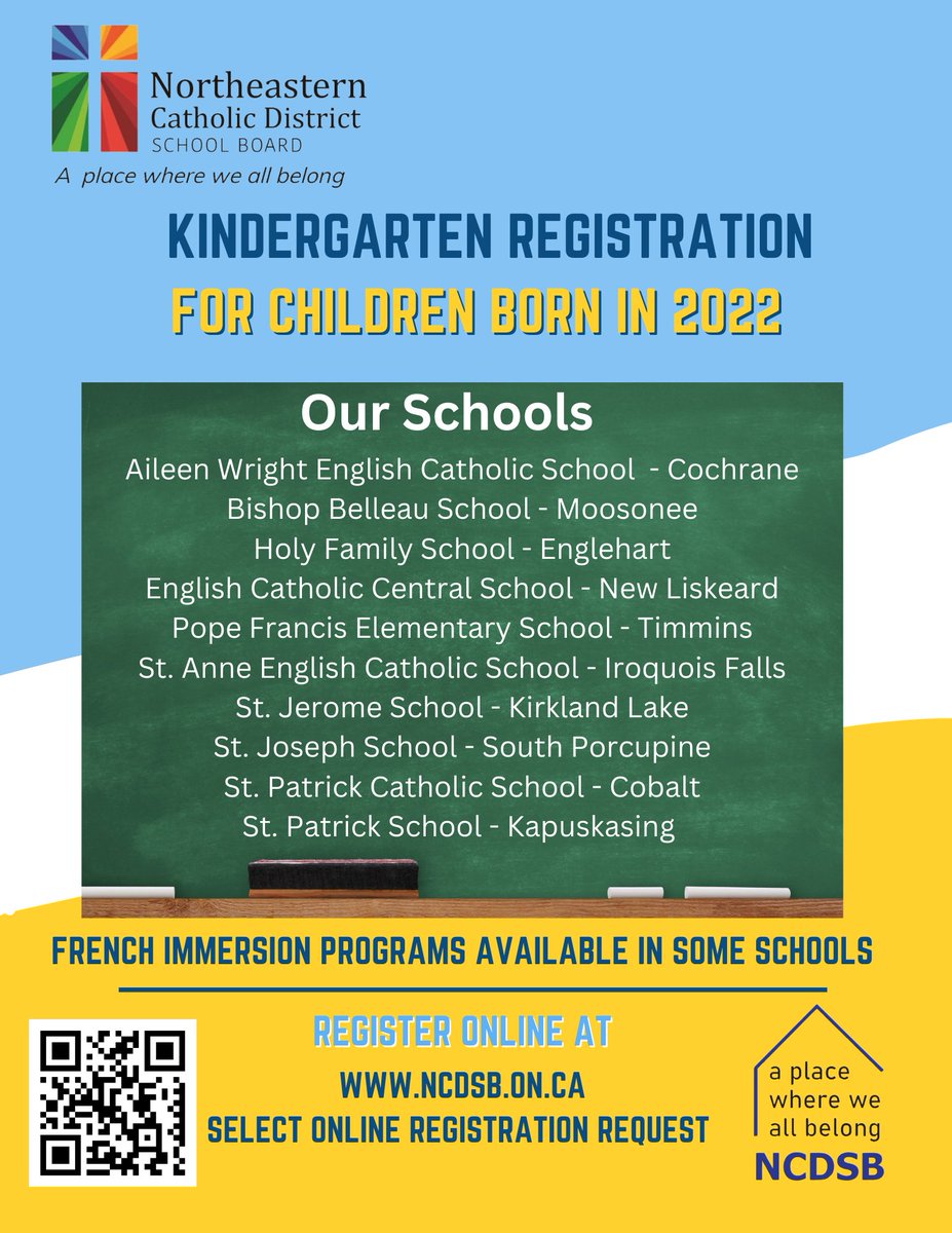 Online Kindergarten Registration Taking place throughout February (it is open today), so register your child born in 2022 today!
To register for the English and French Immersion kindergarten programs starting in September 2026 visit ncdsb.on.ca