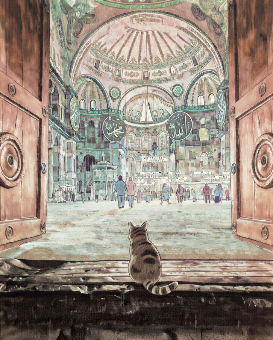 A Cat at the Doorway 
and Behind It, 
the Enchanting 
1500-Year History of Hagia Sophia.