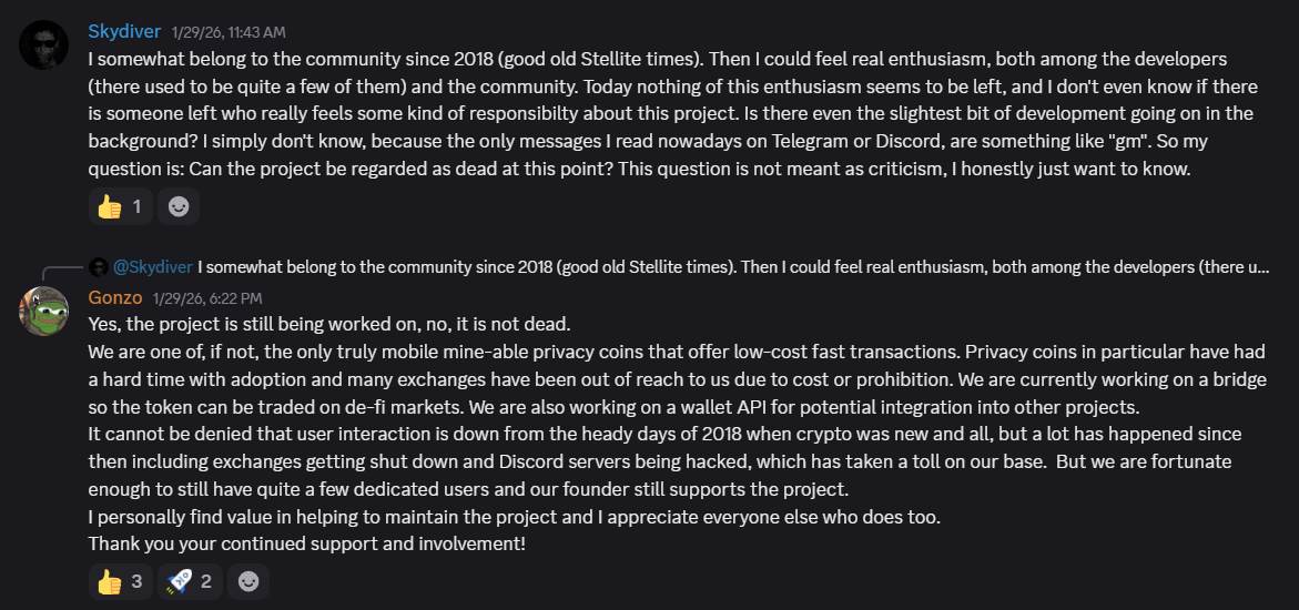 This Gonzo guy is definitely under drugs. Also the guy who asking, is not the obvious that the <a href="/ScalaHQ/">Scala (XLA)</a> is dead?
$xla is dead guys. Only 2 junkies from DC server claim the opposite. Stay away. Do not spend electricity for this  dead project. Look the facts!