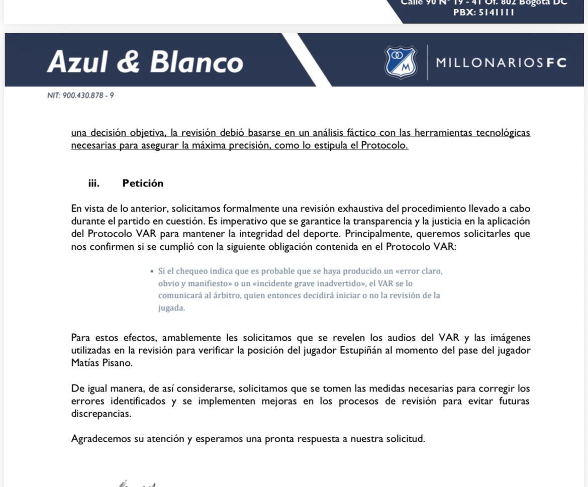 Crispinllos's tweet photo. Ⓜ️ Millonarios presentó una queja formal ante la Comisión Arbitral reclamando por el uso del VAR en el juego ante el Deportivo Pasto. El reclamo se debe a la revisión del primer gol local, una acción que viene de un posible fuera de juego. https://t.co/BzwIPeVu30