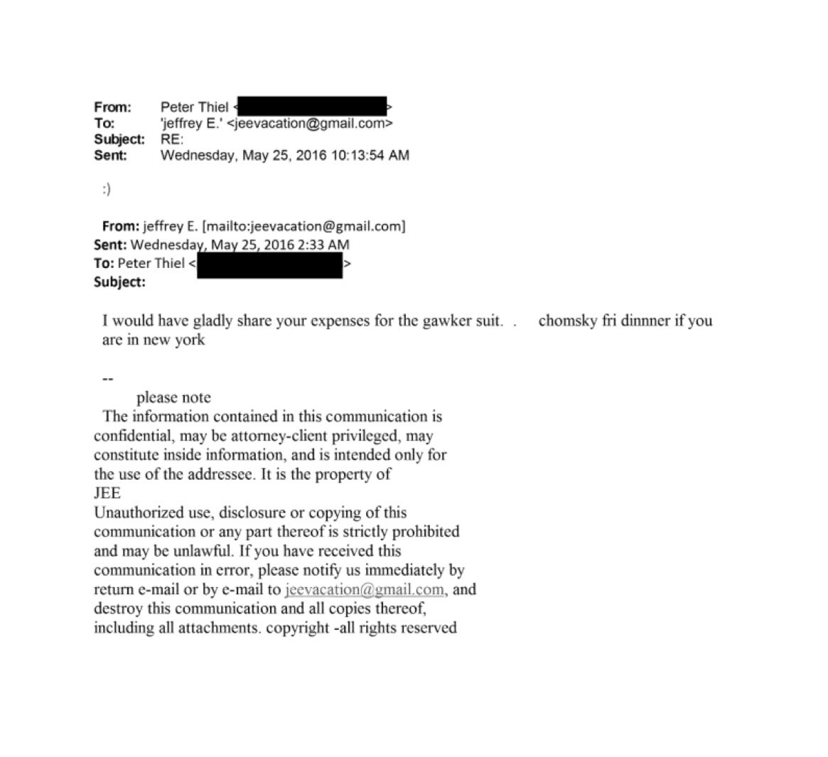 Among the batch of newly released emails from Jeffrey Epstein: Epstein telling Peter Thiel he would “gladly share…expenses for the Gawker suit.” 

This was sent the day after <a href="/RMac18/">Ryan Mac 🙃</a> and <a href="/mattdrange/">Matt Drange</a> reported in Forbes that Thiel was behind the lawsuit that would bankrupt Gawker.