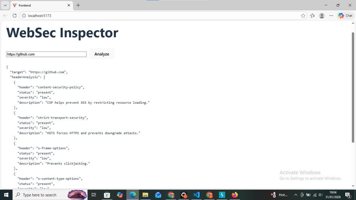 dvniel_exe's tweet photo. Day 30 ⚜️
Solved the next lab on information disclosure. 
Also started tarted working on a project too. A simple web inspector that analyses security headers on a website. Need to build more this year!
#100DaysOfCybersecurity #portswigger #reactdev https://t.co/C3STvSItMS