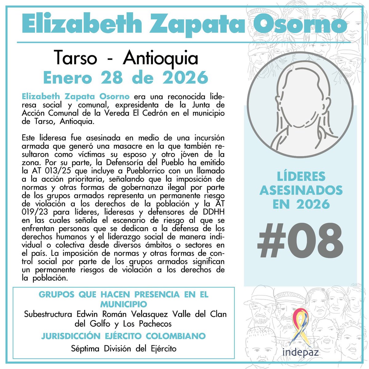 corpades's tweet photo. #Atención
Lamentamos confirmar que una de las victimas de la reciente masacre en #Tarso, Suroeste de #Antioquia, fue la líderesa comunal Elizabeth Zapata Osorno, expresidenta de la #JAC de #ElCedrón (#Tarso).
Fuente: @Indepaz
#NoMásViolencia https://t.co/LO0wRoNHo2