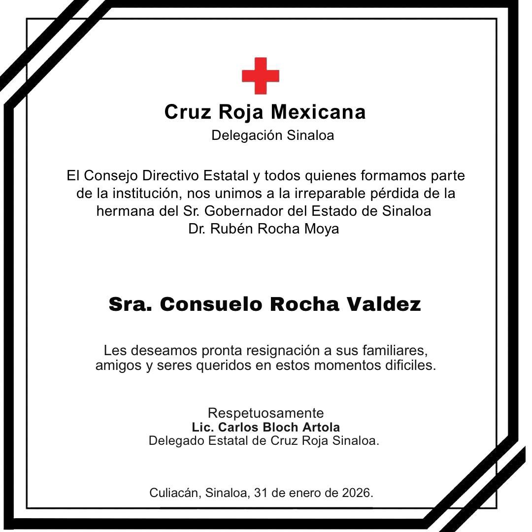 🕊️ El Consejo Directivo Estatal, y quienes formamos parte de esta institución, lamentamos profundamente la sensible pérdida de la Sra. Consuelo Rocha Valdez, hermana del Gobernador del Estado de Sinaloa, Dr. Rubén Rocha Moya. 🕊️