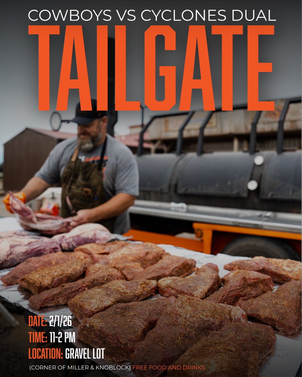 PokesWrestling's tweet photo. Tailgate this Sunday for the Cowboys vs Cyclones dual tomorrow 2/1/26 from 11 AM to 2 PM at the gravel lot on the corner of Miller and Knoblock. Free food and drinks! https://t.co/xUrdvMzH3l