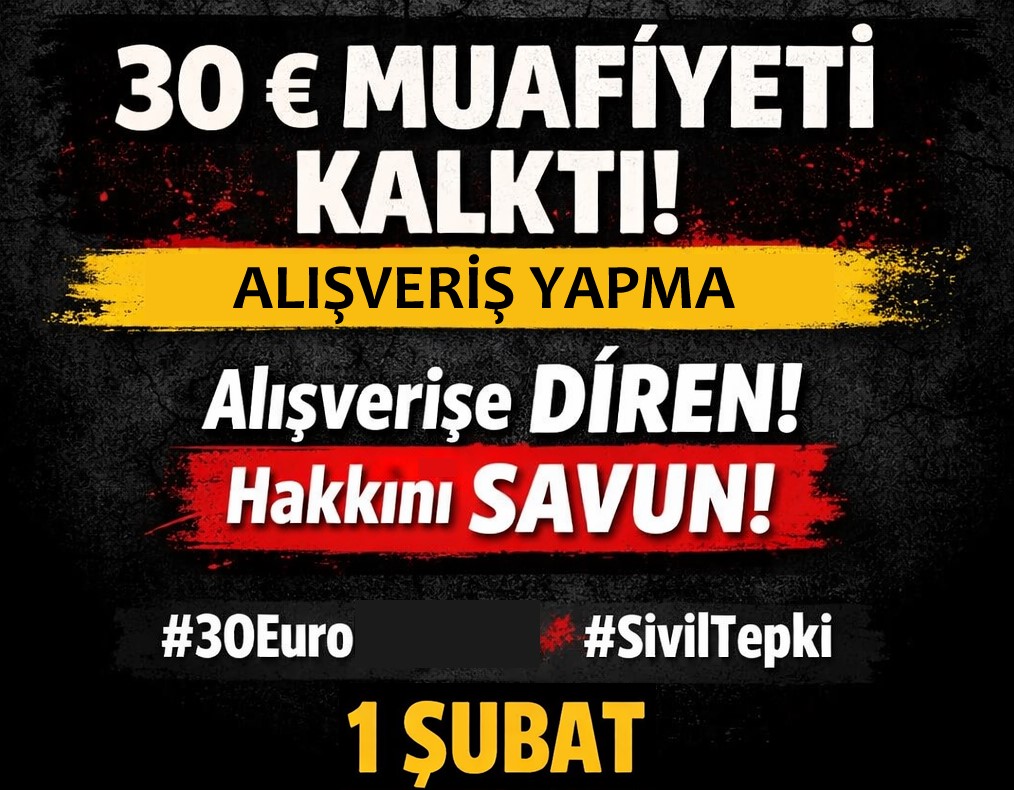30 Euro - 1 Şubat - 1. Gün

22 gün sonra BOYKOTA BAŞLADIK.

#30Euro istisna geri gelene kadarda boykot devam edecek. 

İLK boykot modelimiz "alışveriş yapmama.."

Retweet et başkalarıda görsün..

<a href="/Akparti/">AK Parti</a> <a href="/ticaret/">T.C. Ticaret Bakanlığı</a> <a href="/TCSanayi/">Sanayi ve Teknoloji Bakanlığı</a> <a href="/oktay_saral/">Oktay SARAL</a> <a href="/hby34/">Hasan Basri Yalçın</a> <a href="/thhsynkrgz/">Taha Hüseyin Karagöz</a> <a href="/_cevdetyilmaz/">Cevdet Yılmaz</a>