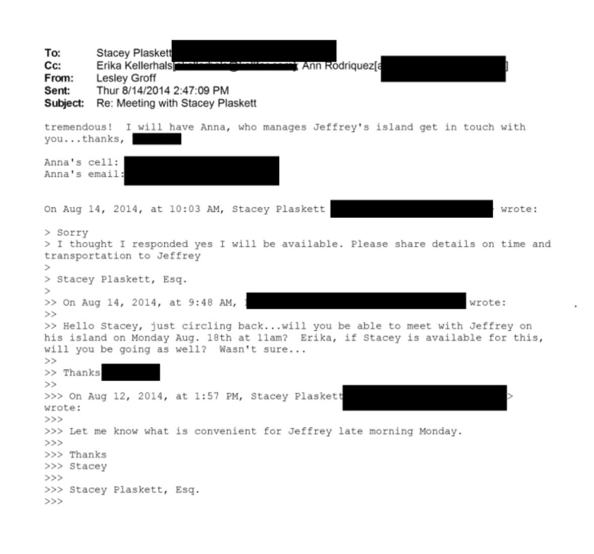 In an August 14, 2014 email, Stacey Plaskett reached out to Jeffrey Epstein’s island manager to arrange transportation to Little Saint James for August 18, 2014.

Plaskett had previously testified under oath that she only visited with Epstein at his Manhattan home and her office.