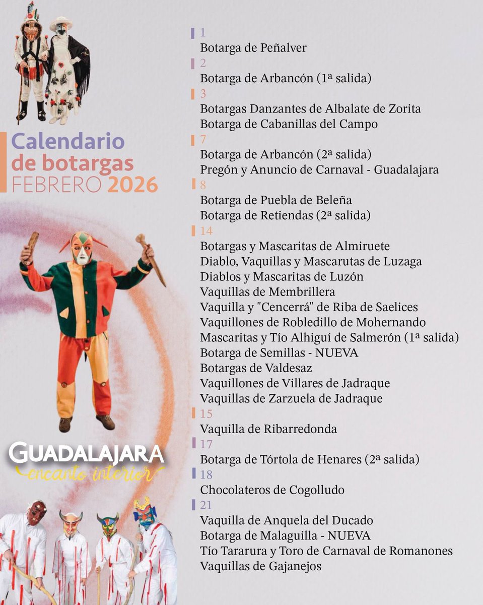 turismoengu's tweet photo. 🗓️👹Febrero es un mes de botargas en Guadalajara, por lo que os invitamos a consultar el calendario y las propuestas para disfrutarlas por toda la provincia. 

#botargas #mascaritas #vaquilla #chocolateros #diablos #mascarutas #danzantes #guadalajara #tradiciones https://t.co/eNZu3RE1Eb