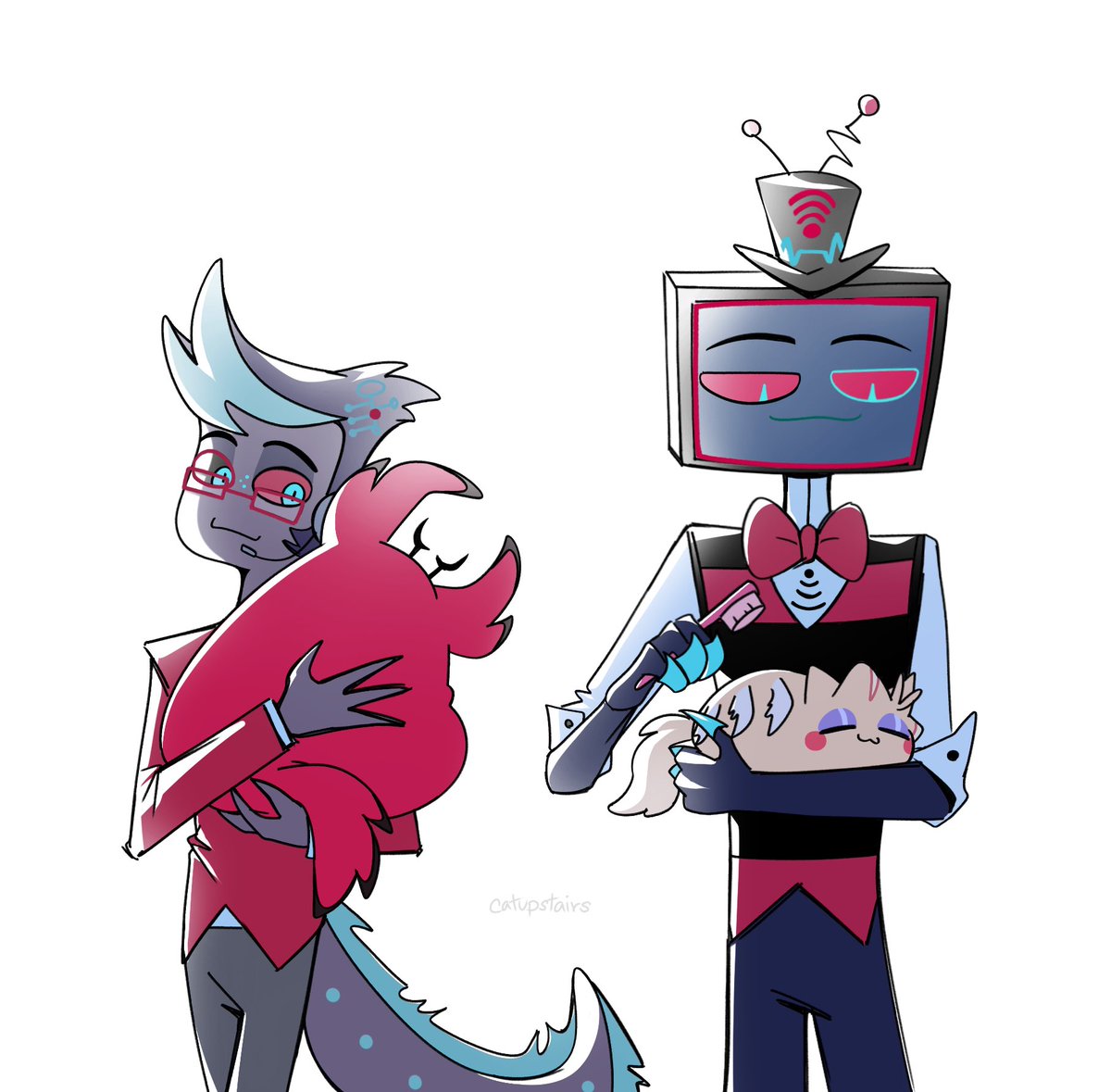 I accidentally expand the boy😭 laughed for 5 minutes and then draw him sits on Michifer
me also doodle The Vees (+Ethan) with kitties🙏

Shimeji made by ✨ <a href="/Cosodraws/">Coso Draws (Closed commissions)</a> ✨

#HazbinHotel #CursedCatAlastor #Vox #Valentino #Velvette