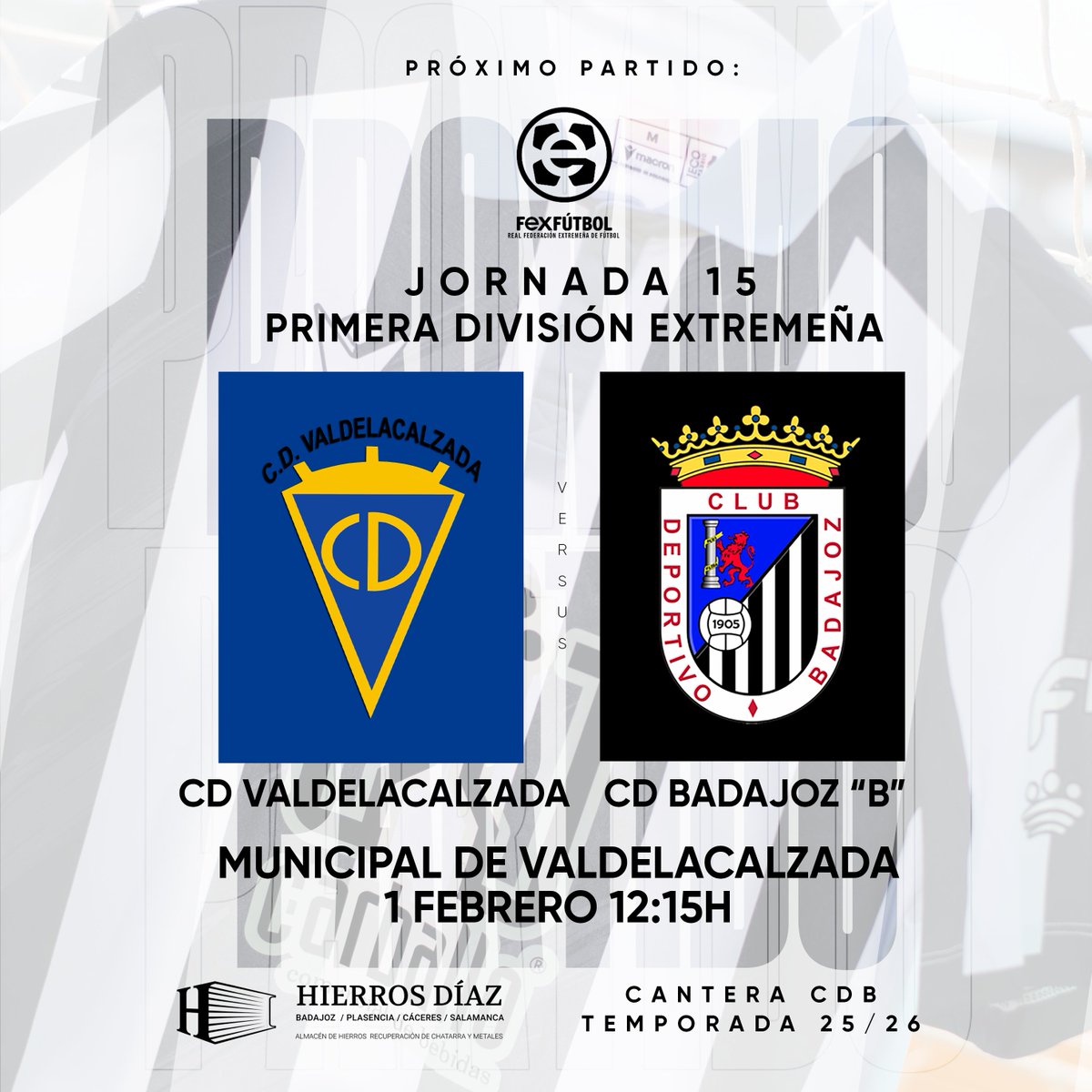 CDBLaAcademia's tweet photo. 𝗣𝗥𝗢́𝗫𝗜𝗠𝗢 𝗣𝗔𝗥𝗧𝗜𝗗𝗢 ☑️
𝗙𝗜𝗟𝗜𝗔𝗟 𝗖𝗗 𝗕𝗔𝗗𝗔𝗝𝗢𝗭 ⚽️

🆚 CD Valdelacalzada
🏆 Jornada 15 Primera División Extremeña
📍Municipal de Valdelacalzada
📅 Domingo, 1 febrero
⏰ 12:15

#FilialCDBadajoz https://t.co/94vkyvbE4y