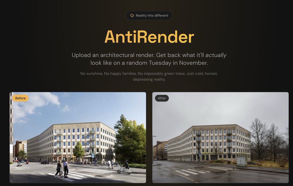 Narzędzie stworzone pod Polskich deweloperów.

Wgrywasz render ze strony dewelopera, dostajesz prawdziwą wizualizacje, jak budynek czy osiedle będzie wyglądać we wtorek w Listopadzie.