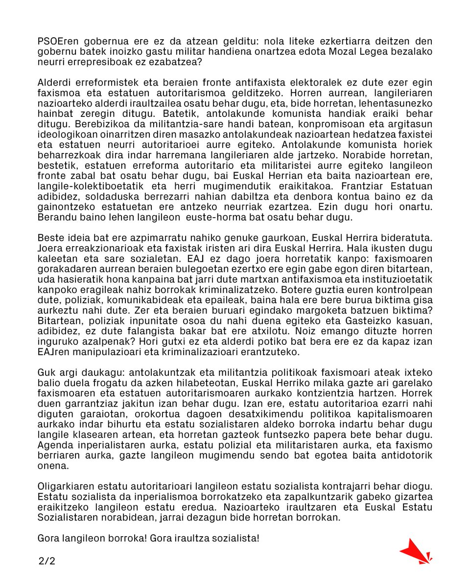 Gaur faxismoaren eta estatuen autoritarismoaren aurka 10.000 pertsonatik gora mobilizatu gara Bilbon eta Iruñean. 

📃Hemen irakurgai azken hitzartzea: