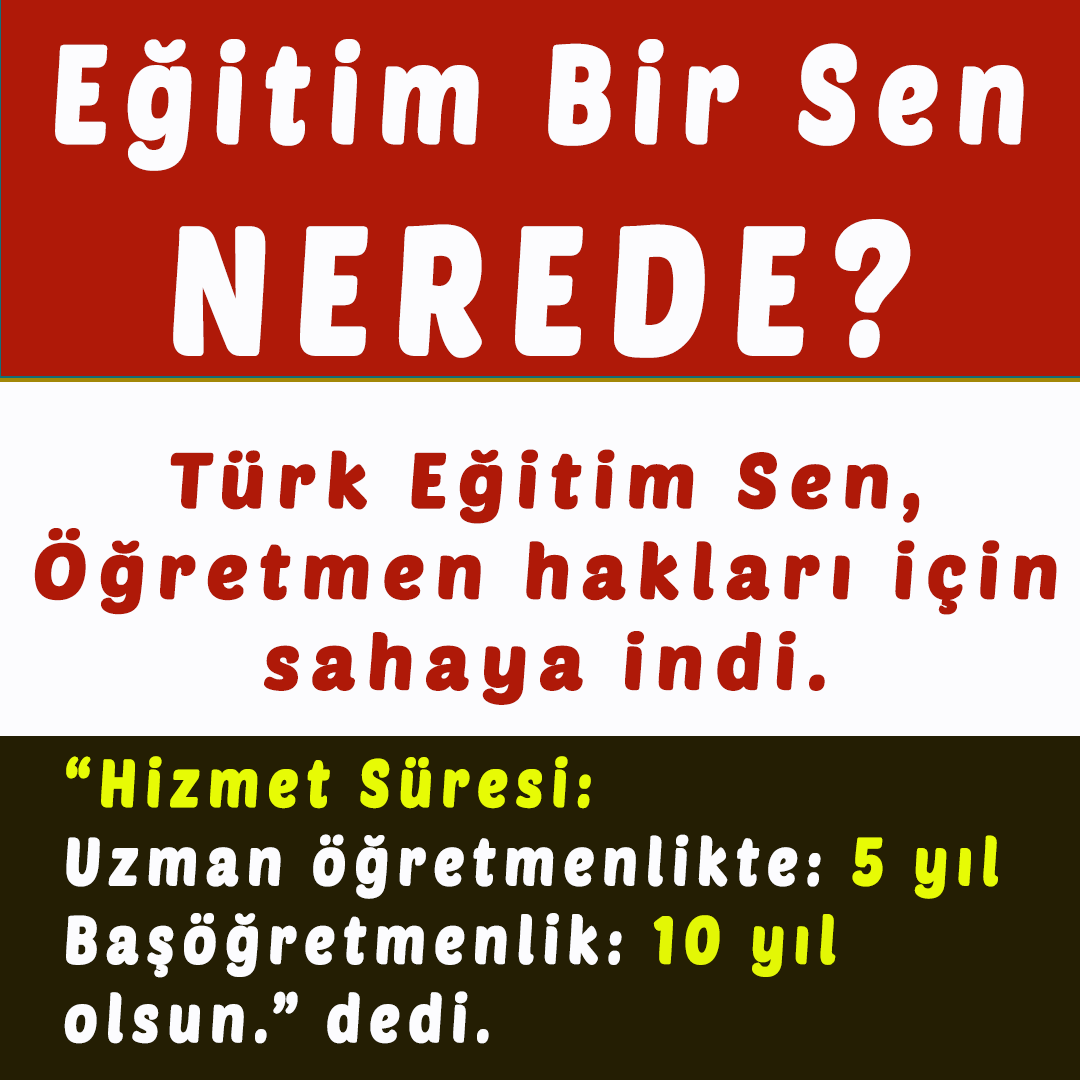 Yetki, susmak için değil konuşmak içindir.
Uzman ve başöğretmenlik süreleri kısaltılmalı.
Bu çağrıyı Türk Eğitim Sen yaptı.
Sıra yetkili sendikada <a href="/EgitimBirSen/">Eğitim-Bir-Sen</a>.
Sıra diğer sendikalarda.
#ÖMKDeğişsin
<a href="/egitimis/">Eğitim-İş</a>
<a href="/egitimsen/">Eğitim Sen</a>
<a href="/egitimgucusen/">EĞİTİM GÜCÜ SEN</a>
<a href="/HurEgitimSen/">Hürriyetçi Eğitim Sen Genel Merkezi</a>
<a href="/maarifsen/">Mil Maarif-Sen</a>