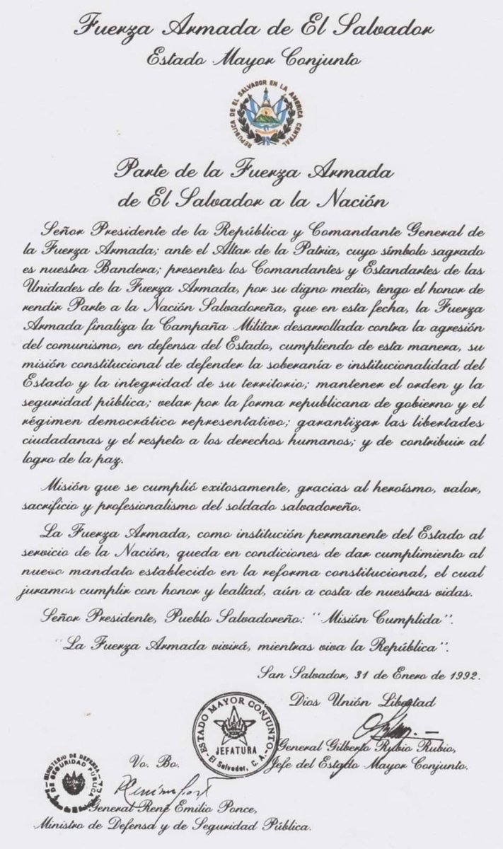 EN EL XXXIV ANIVERSARIO DEL PARTE A LA NACIÓN POR  LA FUERZA ARMADA DE EL SALVADOR 

CAUSA JUSTA reconoce el esfuerzo de todos los miembros de la Fuerza Armada que participaron en la "Campaña Militar Contra la Agresión del Comunismo en Defensa del Estado".
facebook.com/share/p/1G4Ck5…