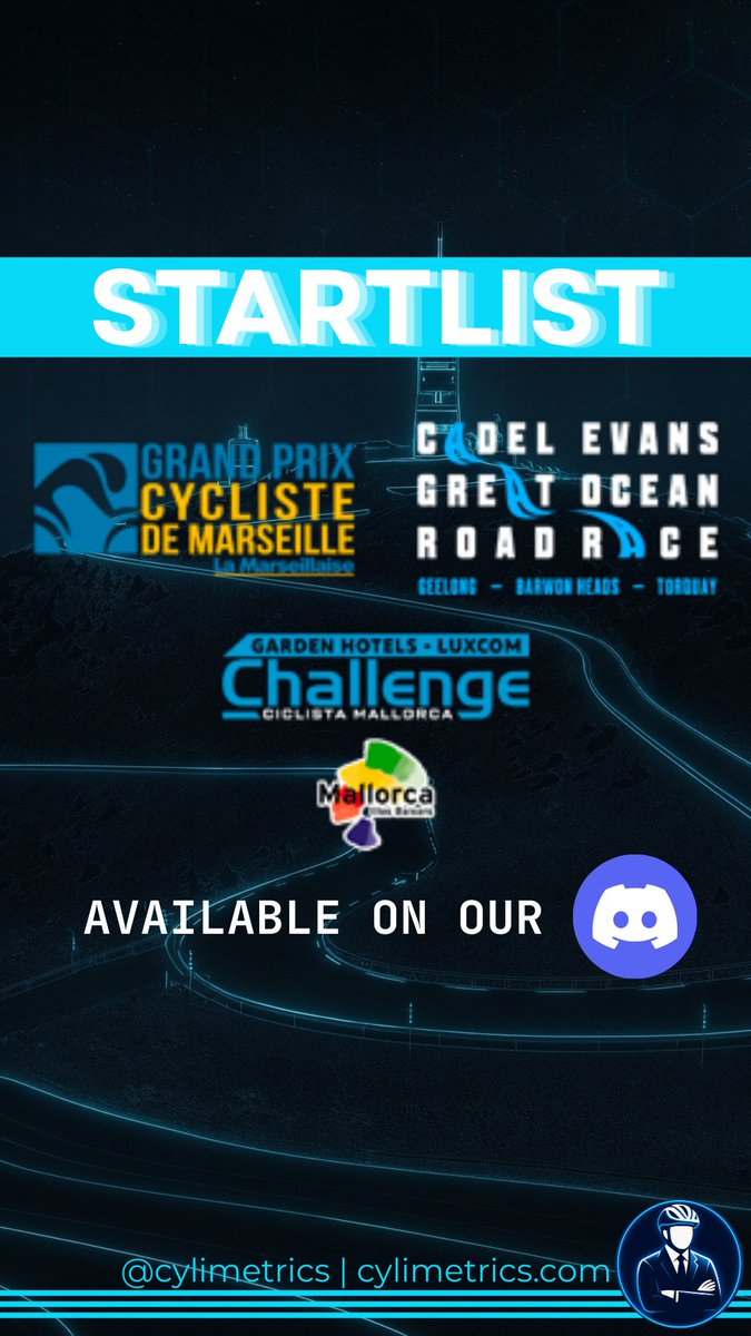 📋 STARTLIST

🇦🇺 Cadel Evans Great Ocean Race
⏰️ 01h15 CET
🇪🇸  Trofeo Palma <a href="/ChallengeMca/">ChallengeMallorca</a>
⏰️ 10h30 CET
🇫🇷 <a href="/gplmarseillaise/">Grand Prix Cycliste de Marseille La Marseillaise</a>
⏰️ 12h30 CET

1️⃣0️⃣1️⃣ <a href="/cylimit_game/">CyLimit</a> riders confirmed

👀 Check the full list on our Discord:
discord.gg/8yxJZYh6pU

#cycling #fantasy #GPLM2026