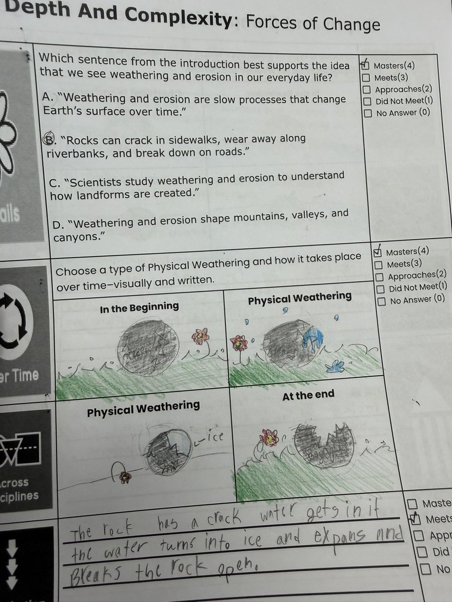 Mr100Teacher's tweet photo. #SharingSaturday: Forces of Change 🌎
During our Ecology unit, I treated physical & chemical weathering like a character change—students illustrated the change, then explained it in writing. 💡✍🏽 https://t.co/yIhvO9rt2v