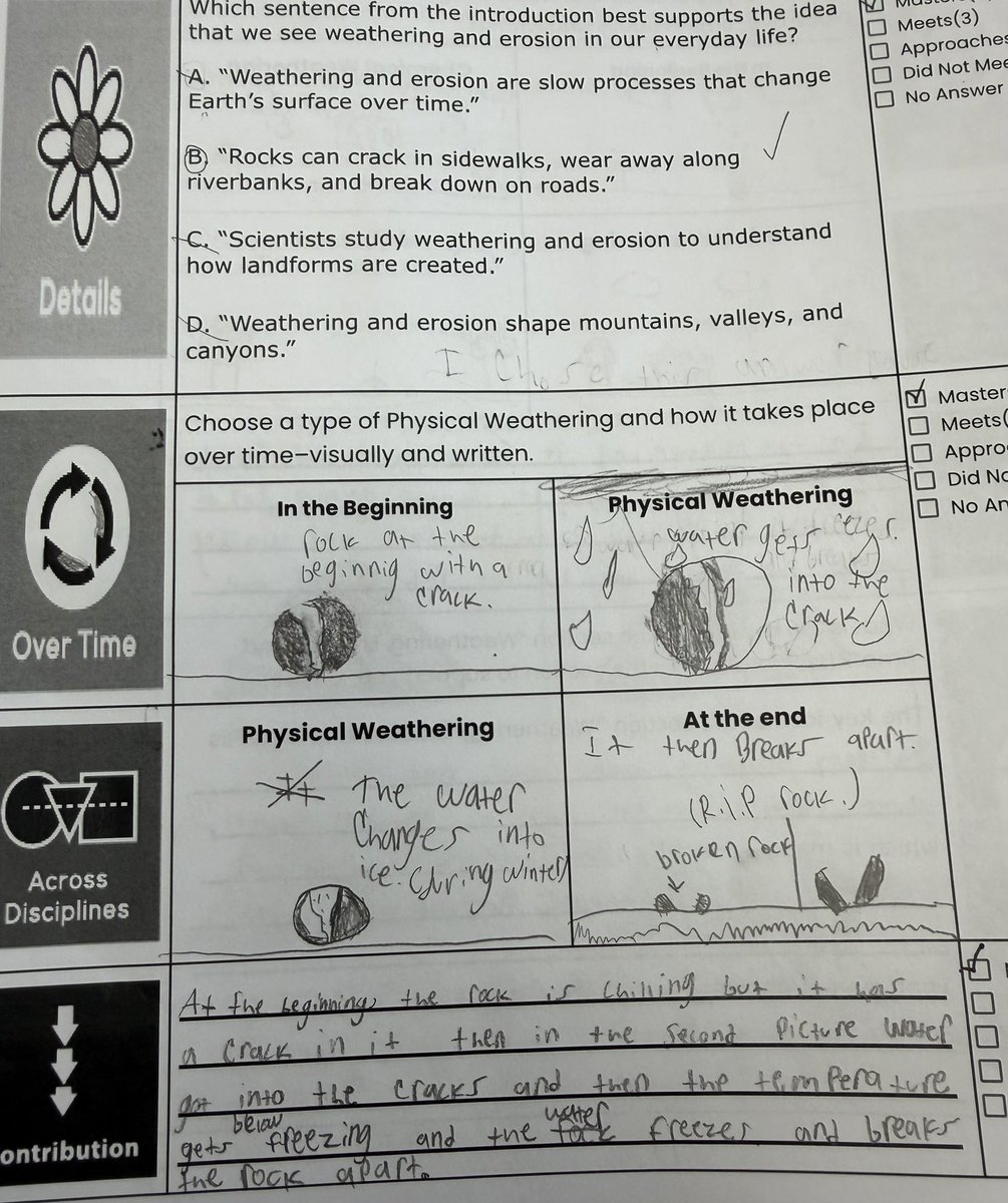 Mr100Teacher's tweet photo. #SharingSaturday: Forces of Change 🌎
During our Ecology unit, I treated physical & chemical weathering like a character change—students illustrated the change, then explained it in writing. 💡✍🏽 https://t.co/yIhvO9rt2v