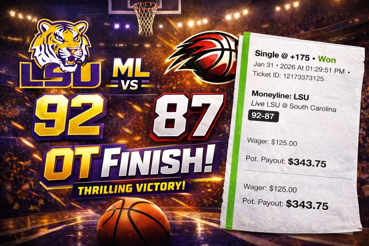 chef_mj's tweet photo. BET THIS LIVE LIKE A SAVAGE 🐯💜💛
LSU ML +175 LIVE CASHES 💰
92–87 OT FINISH 😤🔥
Straight WAR till the final horn — THRILLING VICTORY!
Purple & Gold NEVER fold 💜💛🐯
If you were watching… you know 😈
#LSU #PurpleAndGold #OTFinish #LiveBet #LiveCash #CBB #ReklesGmbler #LiveGod 👑