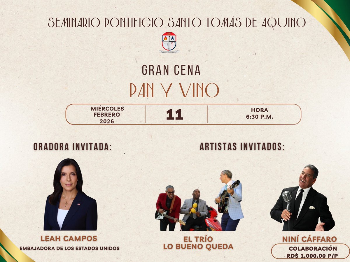Después de varios años sin realizar volvemos a celebrar la tradicional "Cena Pan y Vino" el miércoles 11 de febrero desde 6:30 pm en recinto Santo Tomás de Aquino, colaboración RD$1,000.00 por persona.
Es un encuentro entre hermanos para apoyar  formación de nuestros seminaristas
