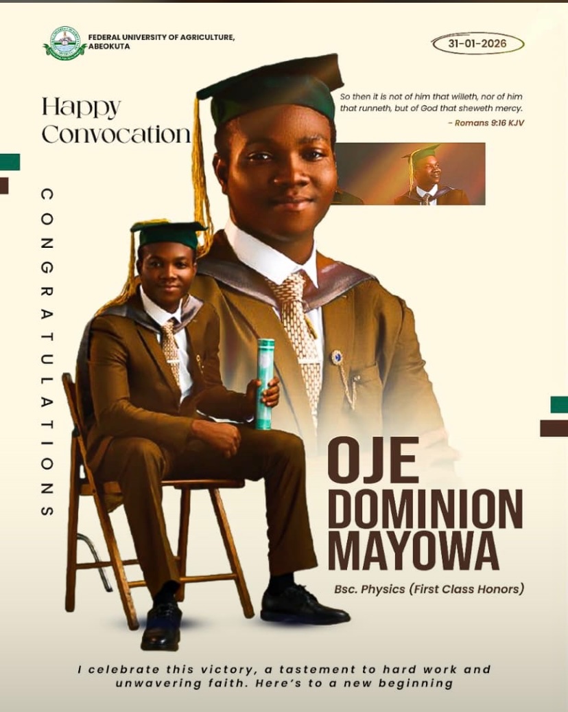 MayorrD1's tweet photo. Reintroducing:
Oje Dominion Mayowa 🎓🎓
How it started(100L): 4.04
How it ended: 4.65 CGPA  
First Class Honours, Best Graduating Student, Department of Physics, Federal University Of Agriculture Abeokuta(FUNAAB).

Thankful to God and everyone who  made this happen.❤️ https://t.co/r1T9Oe0VcG