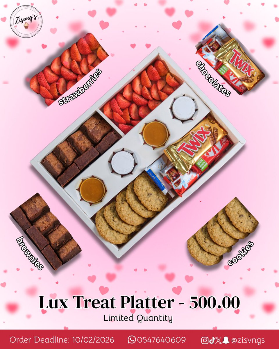Whether you’re spoiling your S.O., your bestie, or yourself (highly recommended!), this platter is the ultimate Valentine’s spread. 

From dip-ready strawberries to signature brownies, it’s a love letter in a box. 💌

Only a few slots left! 
DM/WhatsApp 0547640609 to order x