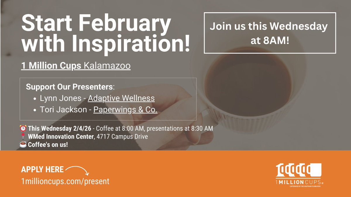 JOIN US THIS WEDNESDAY!
Lynn Jones with Adaptive Wellness and Tori Jackson with Paperwings &amp; Co., will be sharing their entrepreneurial journey with our Kalamazoo community.
Doors open and coffee starts pouring and 8AM.
