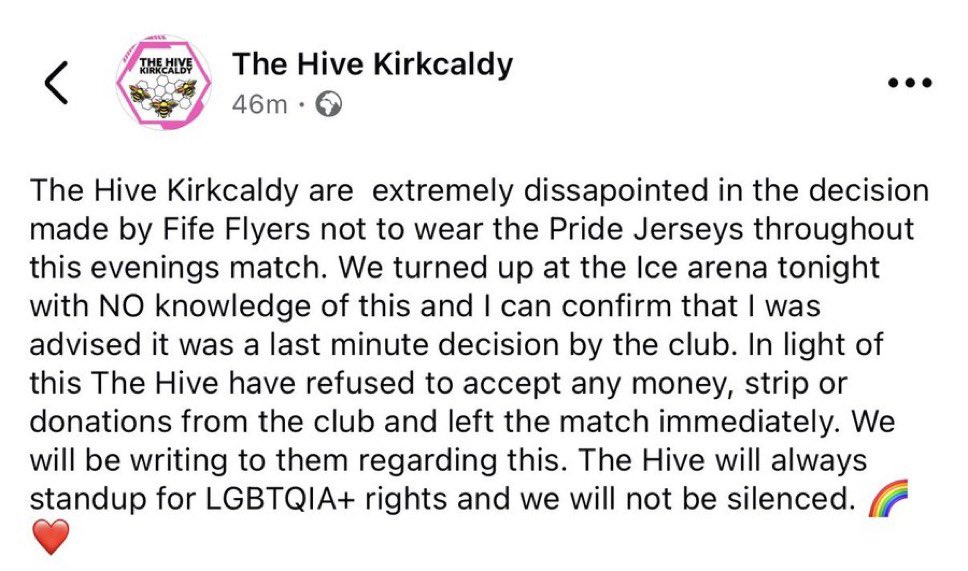 Heartbroken for the hive losing out on donations from tonight but good on them for standing on their morals, rotten shame they weren’t even informed of this decision until they had arrived at the rink

Retweeted some fundraising links for them already, please give if you can 🐝🤍