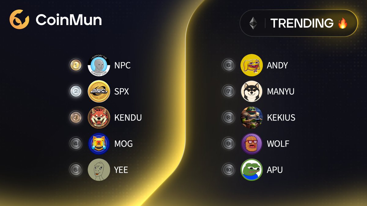 🔥 Top 10 Trending #CoinMun #Ethereum 🔥 

🥇 $NPC <a href="/nonplayablecoin/">NPC</a> 
🥈 $SPX <a href="/spx6900/">SPX6900💹🧲</a> 
🥉 $KENDU <a href="/kenduinu/">Kendu</a> 
4️⃣ $MOG <a href="/mogcoin/">MOG COIN</a> 
5️⃣ $YEE <a href="/YeeErc20/">YeeToken 🦖</a> 
6️⃣ $ANDY <a href="/andycoinonerc/">Andy</a> 
7️⃣ $MANYU <a href="/RealManyu/">Manyu Community</a> 
8️⃣ $KEKIUS <a href="/KekiusMaximusI/">Kekius Maximus CTO ⚔️</a> 
9️⃣ $WOLF <a href="/Wolf0x67/">Landwolf</a> 
🔟 $APU <a href="/apuscoin/">Apu Apustaja</a> 

⚡️