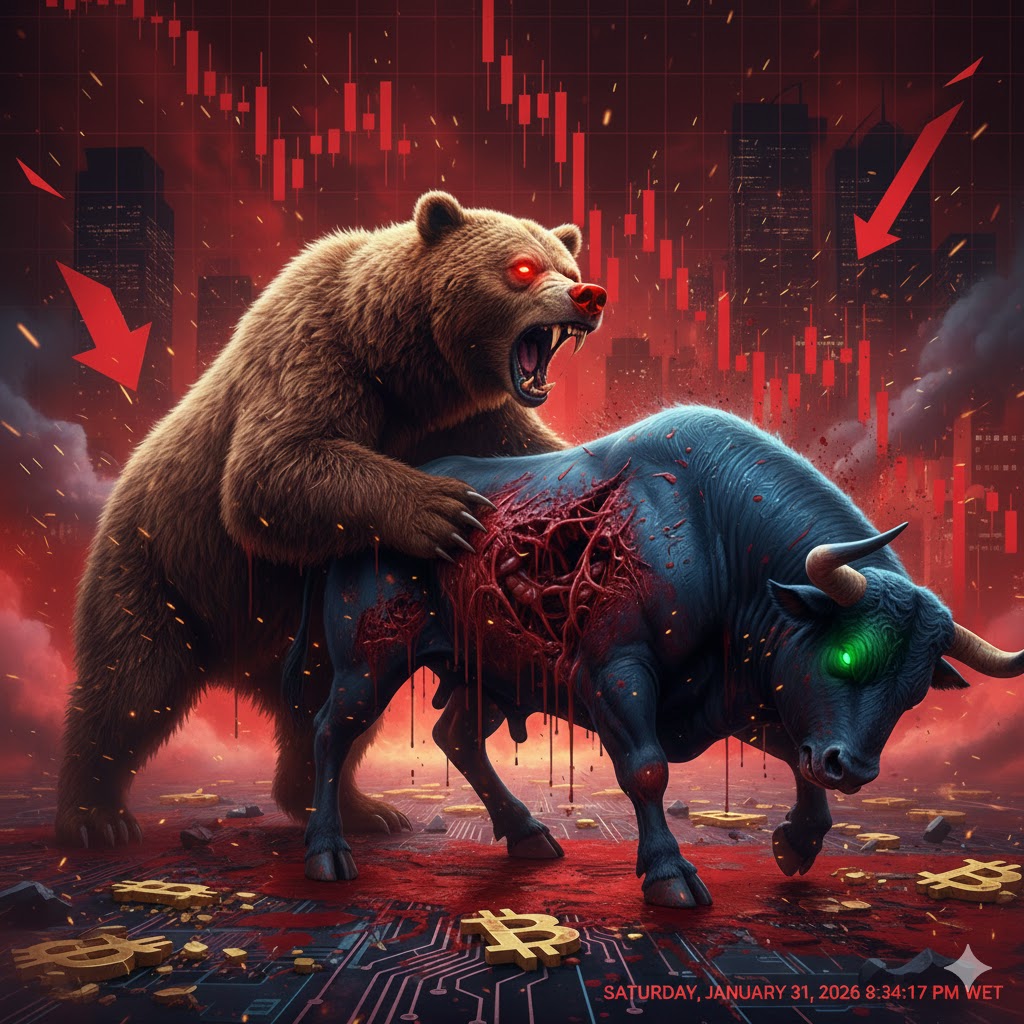 Today, the bear triumphed over the bull <a href="/GarrettBullish/">Garrett</a>  The market bleeds red. #CryptoCrash #BearMarket #Bitcoin
