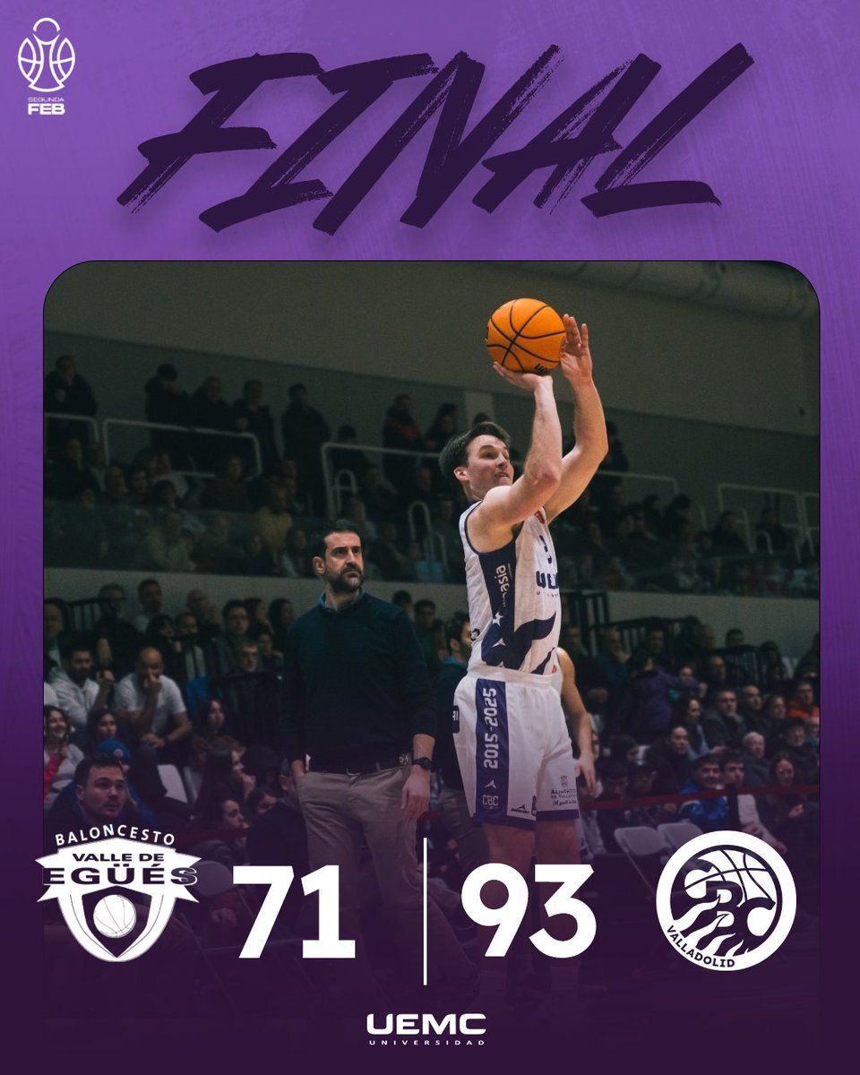 🚨 ¡Final del partido! ¡Sumamos la 𝟏𝟐ª 𝐕𝐈𝐂𝐓𝐎𝐑𝐈𝐀 del curso tras un partidazo de todo el equipo!

🔵 71 <a href="/EguesBaloncesto/">CB Valle de Egüés</a> 
💜 93 <a href="/UEMC/">UEMC</a> Baloncesto Valladolid

🏆 J16 #SegundaFEB
📺 <a href="/LaLigaPlus/">LALIGA+</a>
📊 acortar.link/OqnYgG

<a href="/UEMC/">UEMC</a> #BaloncestoValladolid