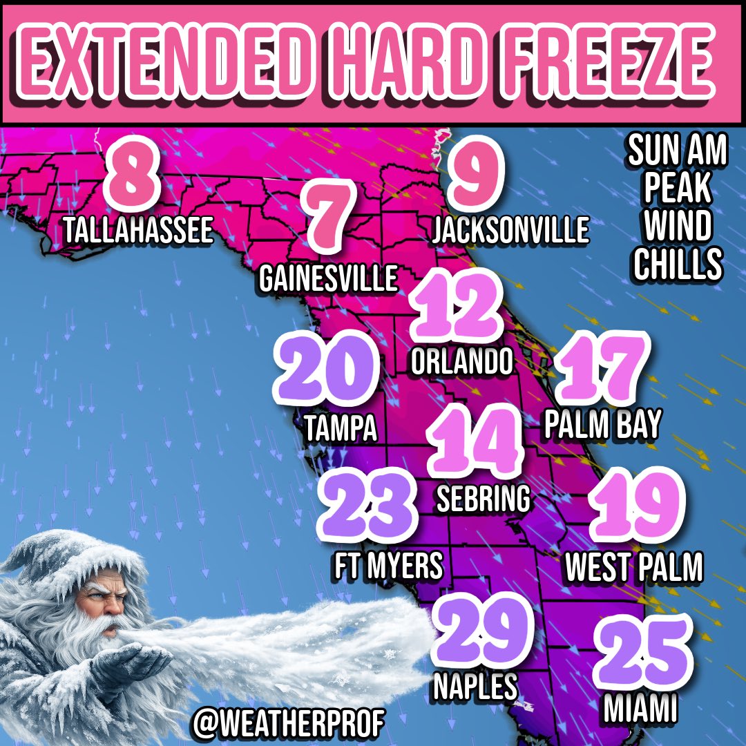 WeatherProf's tweet image. For #Florida it just doesn’t get any colder than this! Peak wind 💨 chills headed for the single digits and teens for much of the state. Long duration #freeze. We’re not used to this. Stay safe ya’ll! #cold #snow