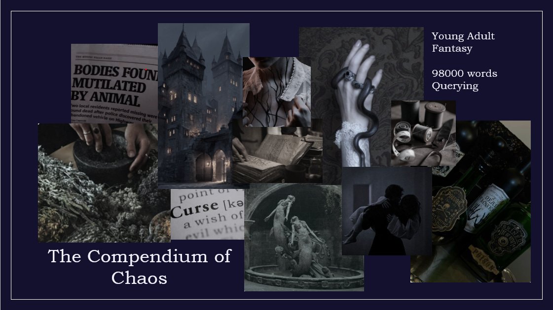 Calamityofstar's tweet photo. THE COMPENDIUM OF CHAOS #agentsguide 

If Belle was the beast and the only way to save herself was to ally with a hunter to defeat the charming Prince.

📖 Dark Academia
🧙‍♀️ Witches
🐍Best friends to Rivals
🖤 Villianous Protagonist

#questpit #YA #Q #F https://t.co/eT5DmRBzZp