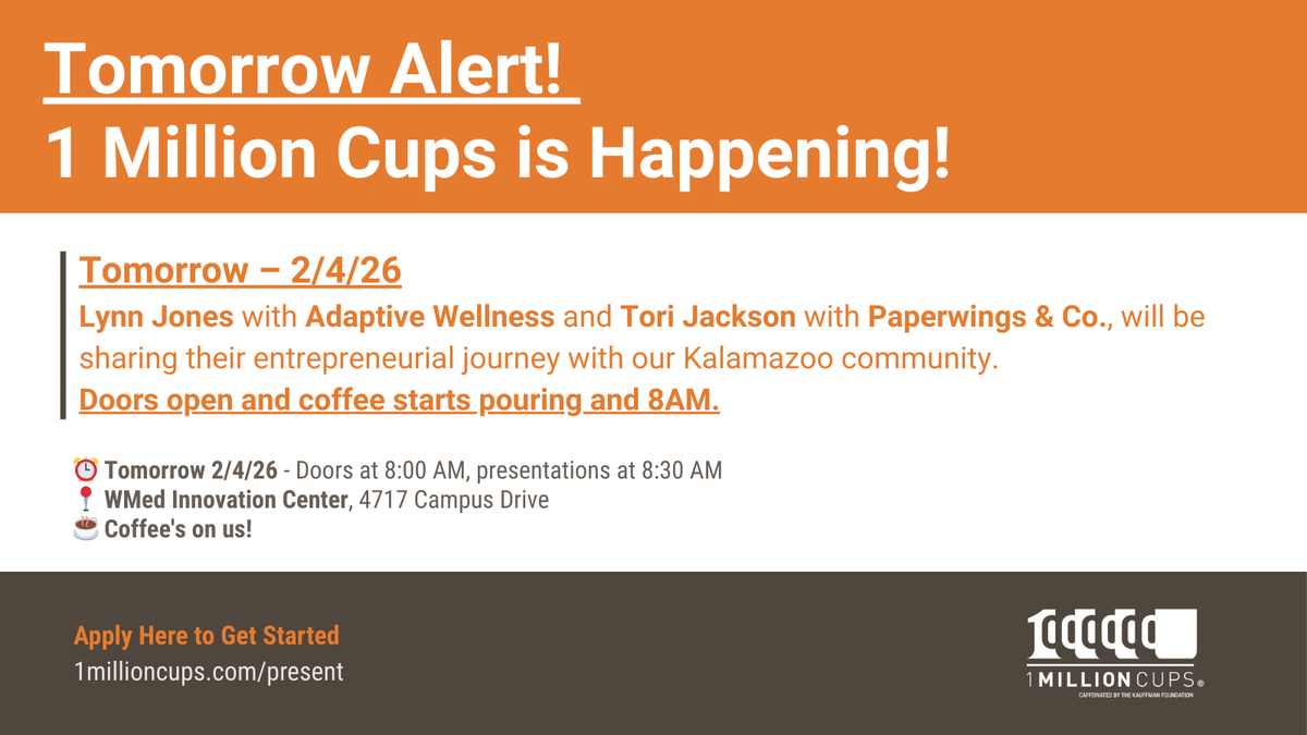 TOMORROW ALERT 🚨 – 2/4/26
Lynn Jones with Adaptive Wellness and Tori Jackson with Paperwings &amp; Co., will be sharing their entrepreneurial journey with our Kalamazoo community.
Doors open and coffee starts pouring and 8AM.