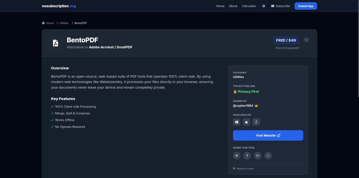 Cypher1984's tweet image. BentoPDF es un conjunto de herramientas PDF de código abierto y basado en la web que funciona al 100% en el lado del cliente. Mediante el uso de tecnologías web modernas como WebAssembly, procesa tus archivos directamente en tu navegador, lo que garantiza que tus documentos nunca…