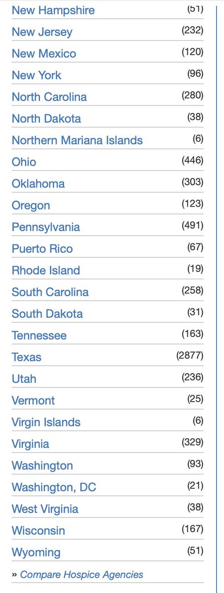 California has 5644 Hospice's, which accounts for 30% of the entire Country, its 10 sometimes 20 times higher than any other State. <a href="/DrOzCMS/">DrOzCMS</a> is not wrong, this State needs to be audited. 
npidb.org/organizations/…
