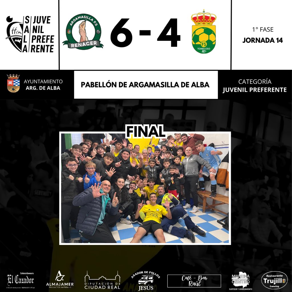 |JUVENIL PREFERENTE|

Juv. Preferente 6-4 Tomelloso FS Juv.
⚽️⚽️ Aitor Ropero
⚽️⚽️ Conesa
⚽️ José Manuel
⚽️ p.p.

El derbi se queda en casa y terminamos la primera fase con victoria. 
¡A por la fase de ascenso!

#PasiónPorLoNuestro  #HayCantera