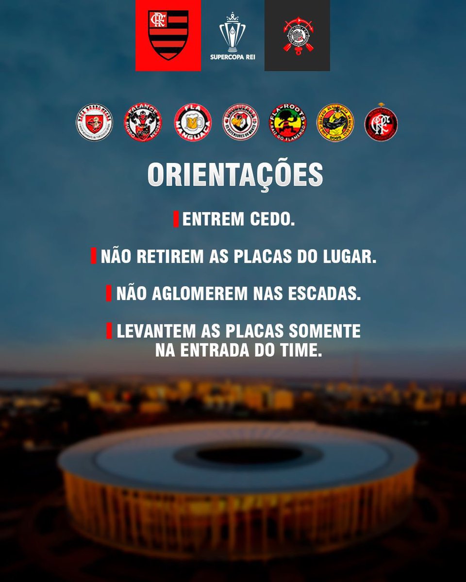 MOSAICO CONFIRMADO EM BRASÍLIA 🔴⚫️

Para que tudo dê certo, contamos com a colaboração de todos os rubro-negros que irão ao jogo. 

Siga as instruções, entre cedo, não retire as placas do lugar e não aglomere nas escadas. 

Vamos fazer uma grande festa e empurrar o Mais Querido