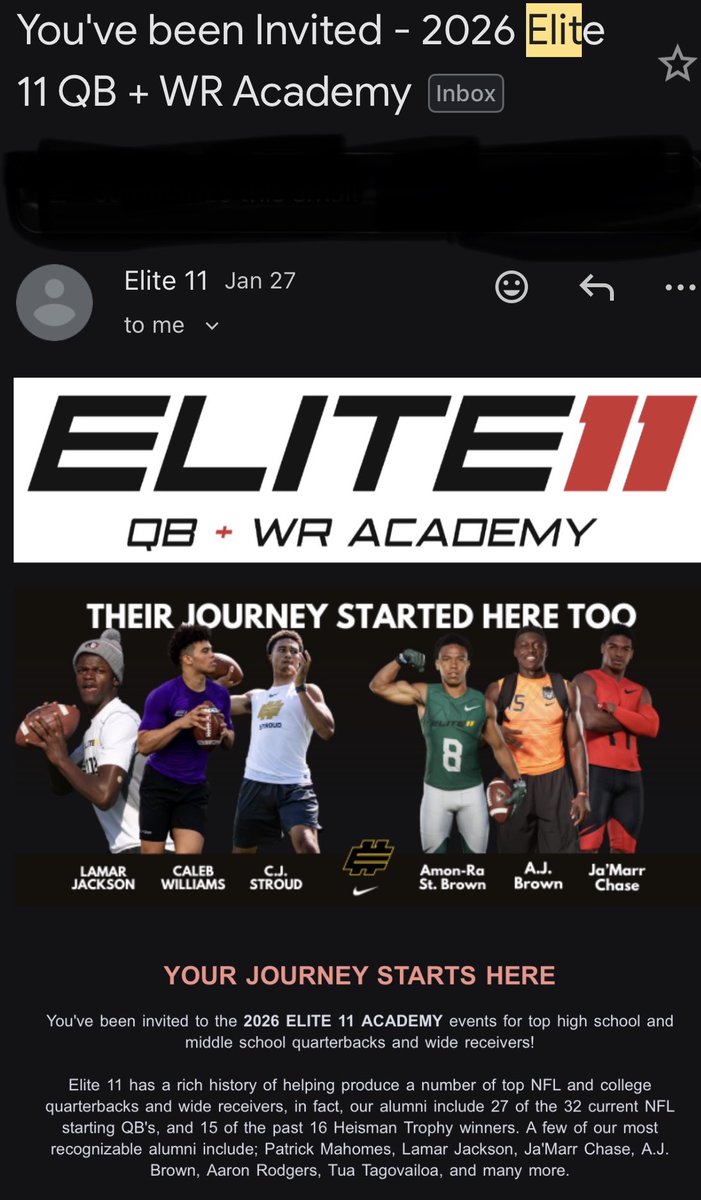 JordanXJenkins_'s tweet photo. Blessed to receive an invite to @Elite11. #Blessed #Humbled #classof2030 #primetime2011 #JordanXJenkins #QB1 #TheJourney #GDTBAM https://t.co/b8GnvjXKXu