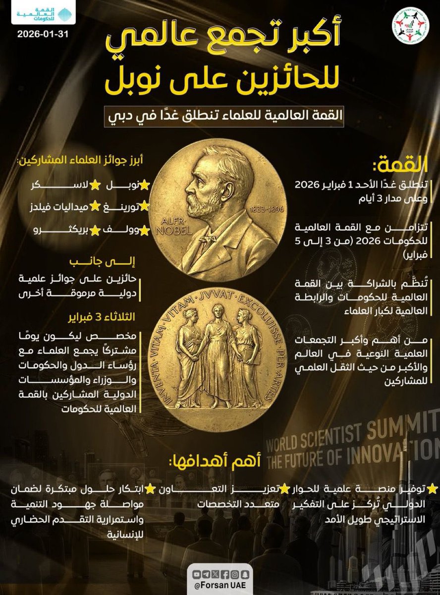 أكبر تجمع عالمي للحائزين على #نوبل  في #القمة_العالمية_للحكومات في #دبي 
هو يوم يجتمع فيه ولأول مرة نخبة من العلماء مع رؤوساء الدول والحكومات والوزراء