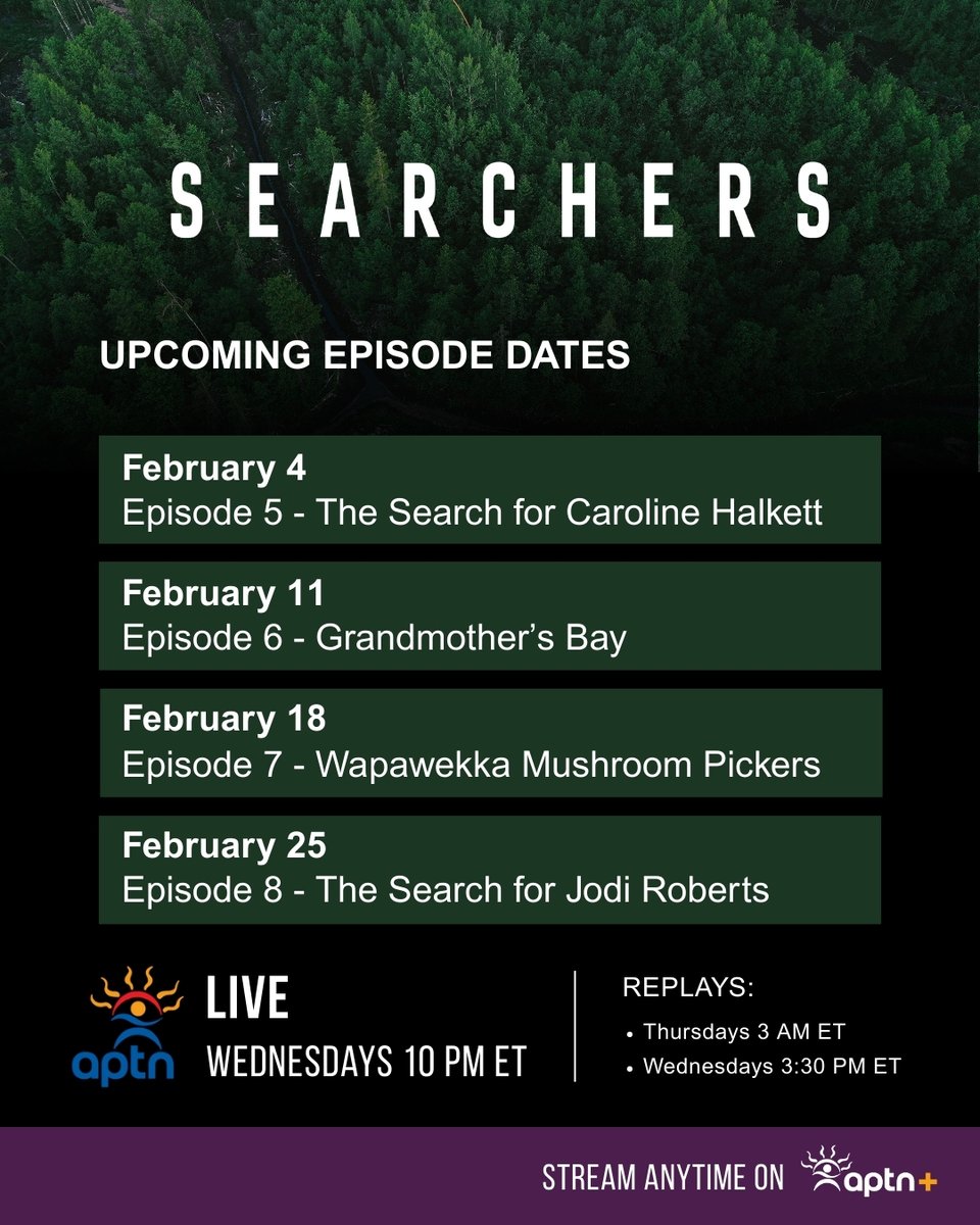 The search continues this February! Join us for a new month of gripping stories, and the emotional truth behind search and rescue.

📺 Live: Wednesdays at 10 PM ET on APTN
🔄 Replays: Thursdays at 3 AM ET | Wednesdays at 3:30 PM ET
💻 Stream Anytime: APTN+

#Searchers #APTN #