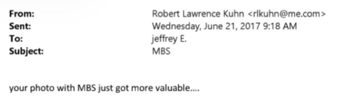 🚨NEW: Epstein collected photos with people like rare Pokemon to blackmail them later.

Robert Kuhn alluding to the fact that Epstein's photo with MBS just became more valuable.

This is how they got leverage over the Saudis