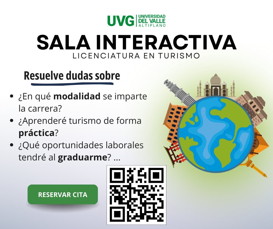🌍✈️ ¿Te imaginas estudiar una carrera que te conecte con el mundo?

📲 Resuelve todas tus dudas en nuestra Sala Interactiva
 👉 Reserva tu cita aquí: bit.ly/infoTurismoUVGA 

#TurismoUVG #EstudiaTurismo #TuFuturoEmpiezaHoy