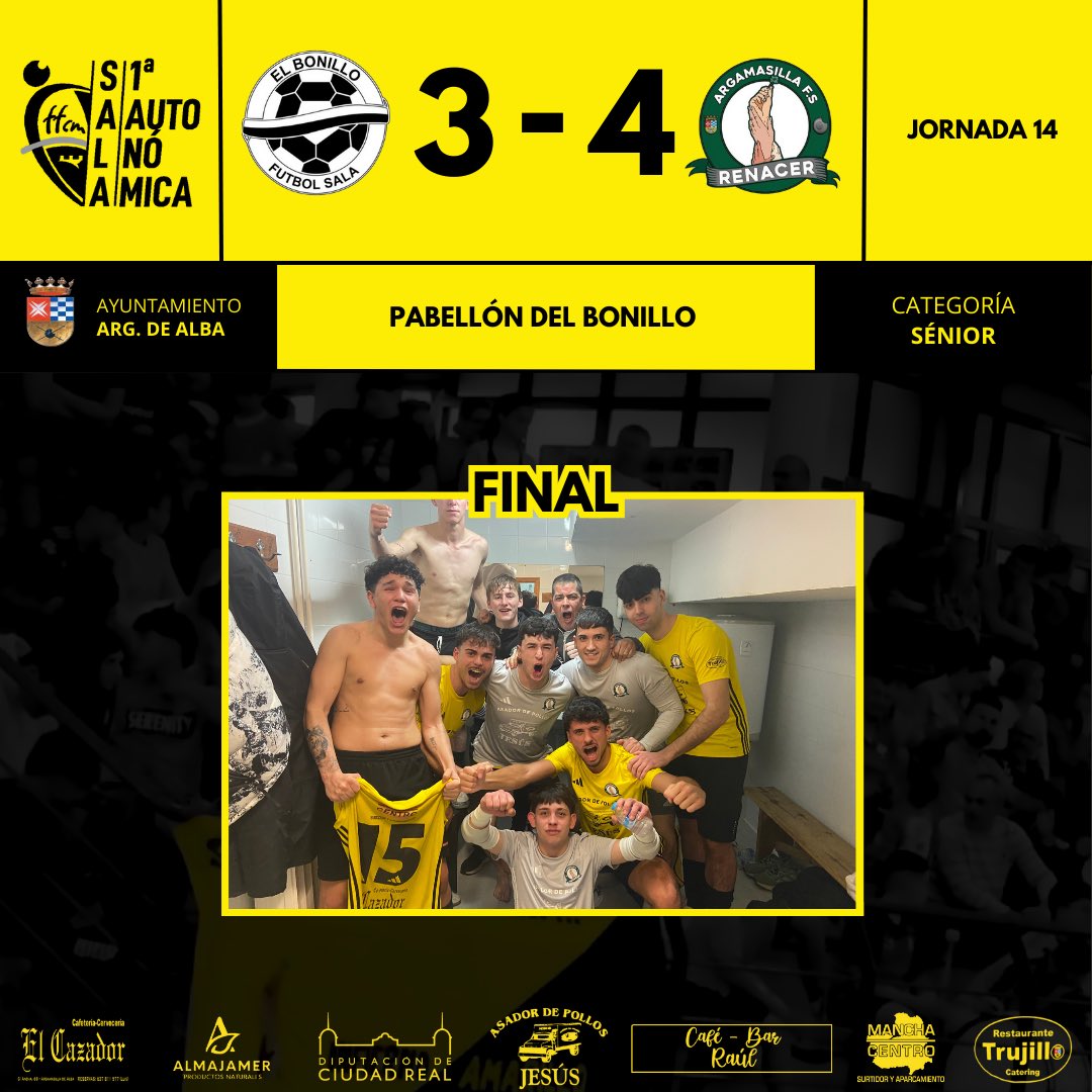 |SÉNIOR|

El Bonillo FS 3-4 Renacer Argamasilla FS
⚽️⚽️ Valverde
⚽️ Yeray
⚽️ Torres

Victoria de los nuestros en el último minuto tras un gran partido y a pesar de las numerosas bajas.

#PasiónPorLoNuestro